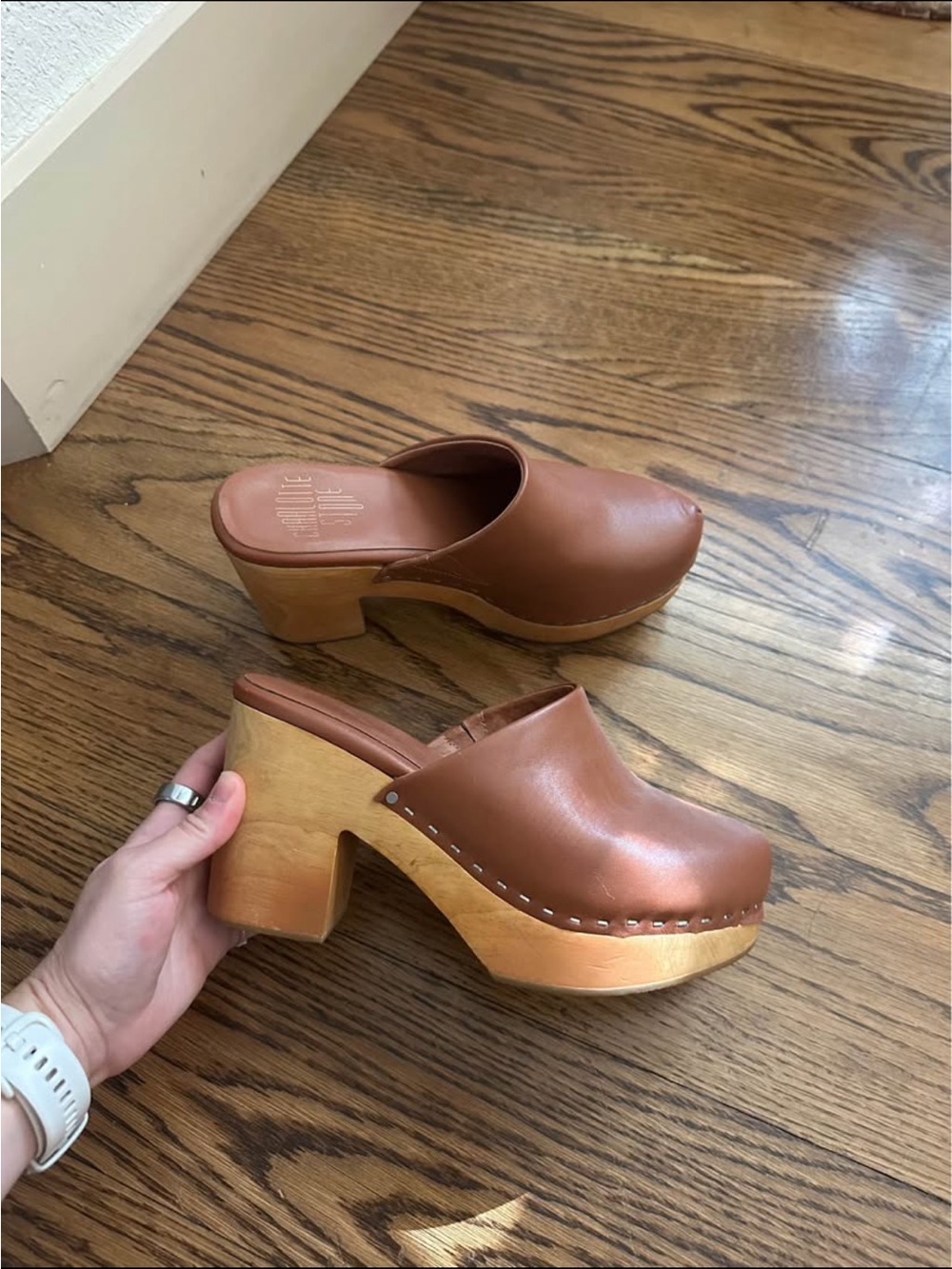 Charlotte Stone Tan Leather Wooden Clogs